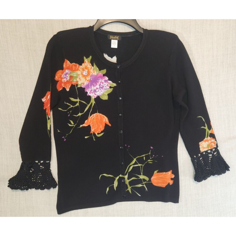 Elizabeth NY Cardigan Sweater Women's M Flared Lace Cuffs Sequins Size M Vtg 90s